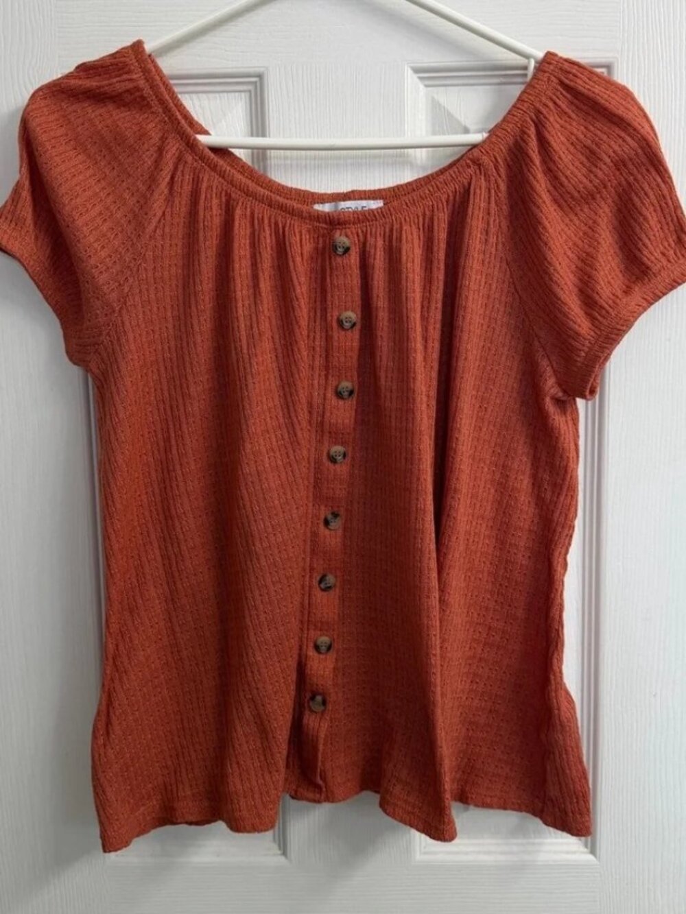 My Style Rust Orange Boho Top Women XL Faux Button Front Earthy Lightweight Knit